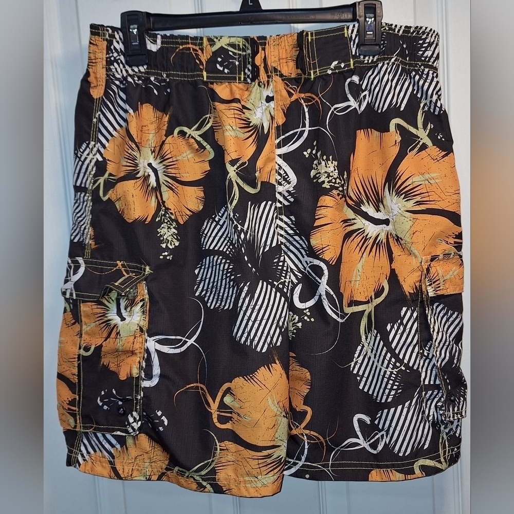 Favant Floral Swim Shorts Men's Black and Orange